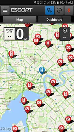 Escort Live mobile app with database of speed camera locations